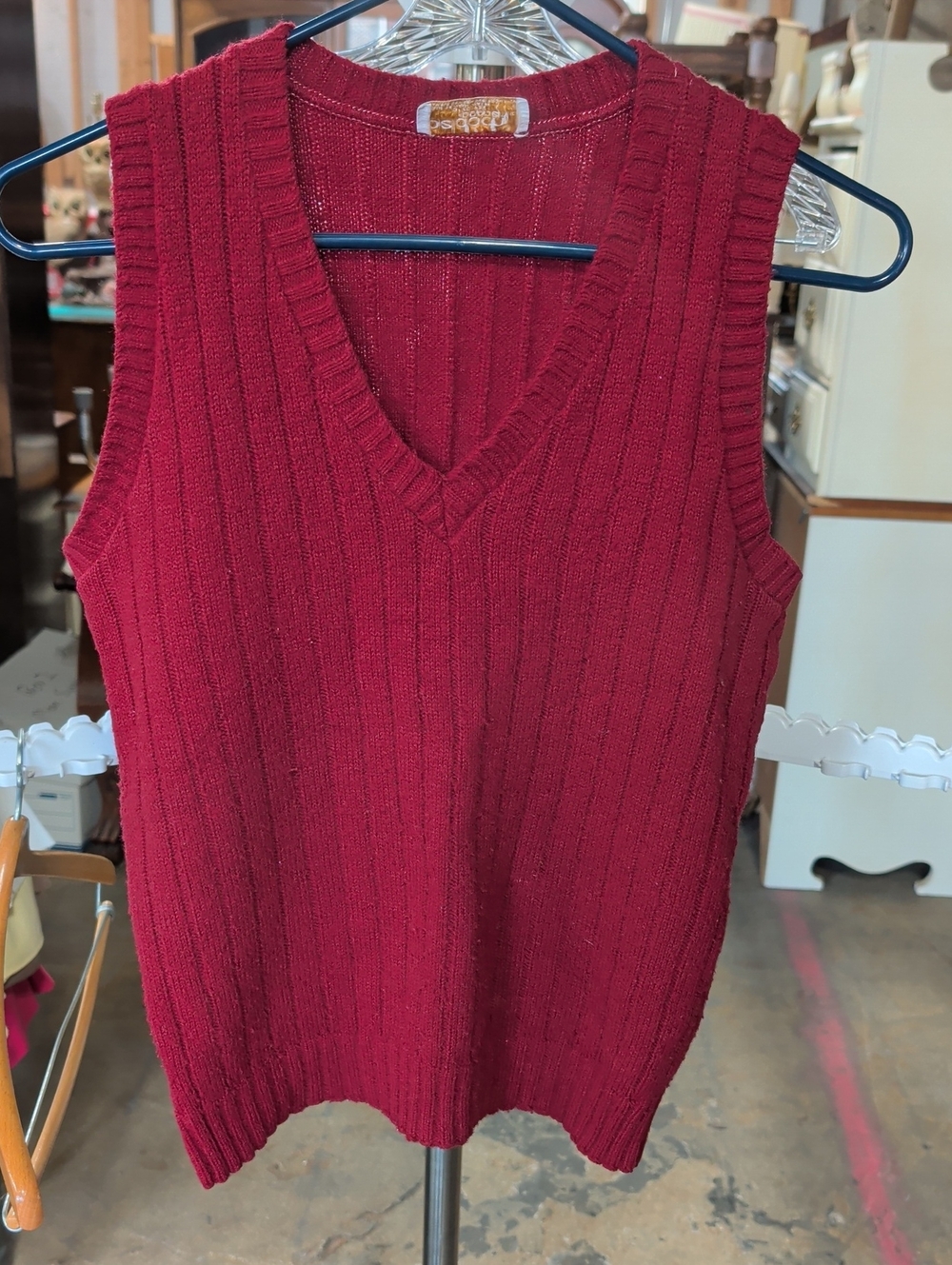 Vintage Beldoch Popper Of Course Ribbed Knit Sweater Vest Burgundy V-Neck